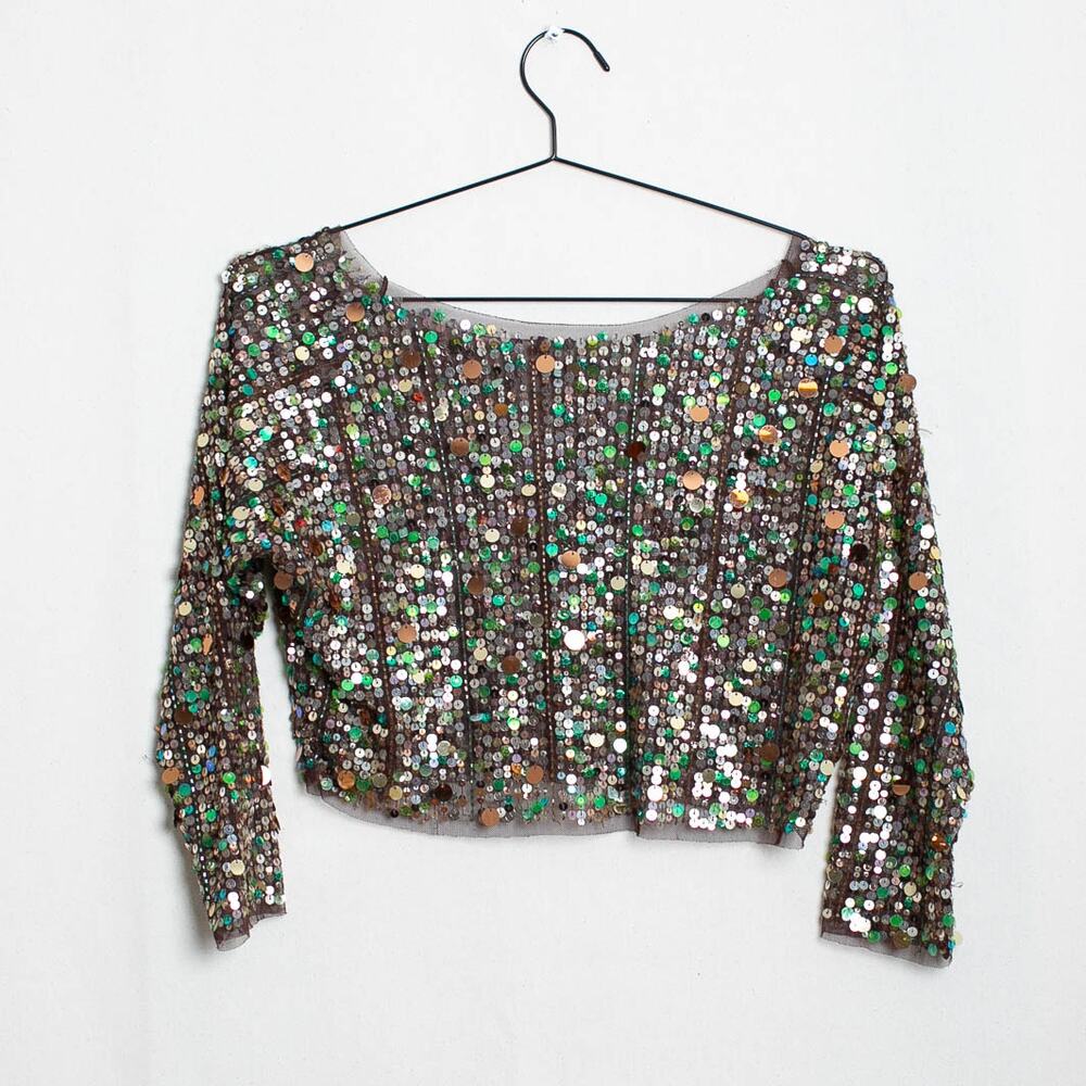 Vintage Sequin Crop Top Brown Mesh Green Silver Gold Scoop Neck Long Sleeve S/M